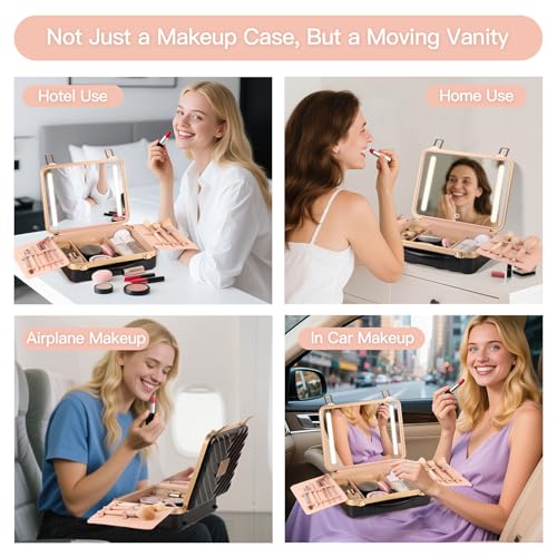 BEAUTY CASE Makeup Case with 4K LED Mirror, 12 Inch Shockproof ABS Hard Shell Cosmetic Organizer Bag, Portable Travel Vanity Box with Aluminum Frame, Snap Buckle, Gift for Women Girls, Black