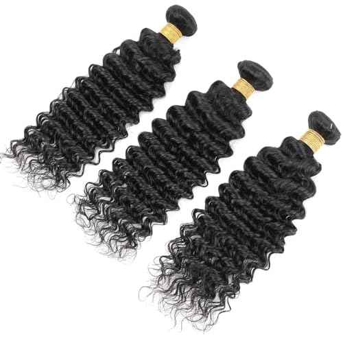 Human Hair Bundles Brazilian Deep Wave 3 Bundles 14 16 18Inch 100% Unprocessed Virgin Deep Curly Human Hair Quick Weave Raw Deals Water Wave Wet and Wavy Bundles Nature Black