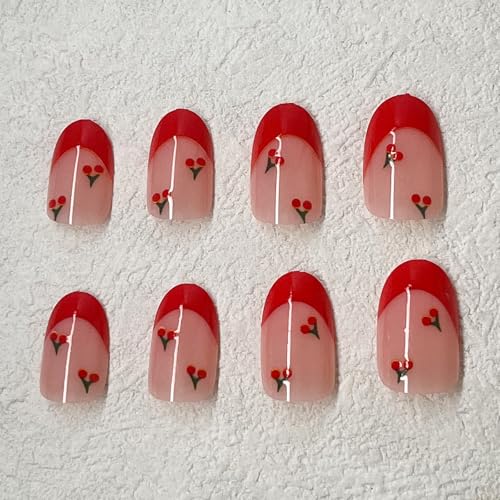ROFIBUT Red French Tip Press-On Nails - Short Almond Full Cover