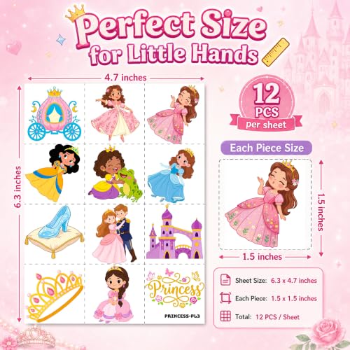 96 PCS Princess Temporary Tattoos for Kids