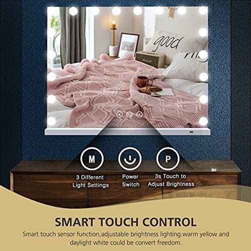 Hollywood Makeup Vanity Mirror with Lights 32 x 24 Inch 18 Pcs LED Extra Large Hollywood Vanity Lighted Makeup Mirrors X10 Magnifier USB 3 Color Makeup Desk Tabletop Vanity Make up Mirrors