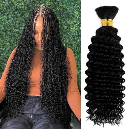 100 Percent Human Boho Braiding Hair Deep Wave Curly 12A Bulk Bundles Human Hair 105g Wet and Wavy for Boho Braids Human Hair Extensions for Braiding Human Supplies No Weft 2 Bundles