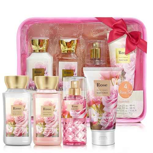 Rose Bath and Body Gift Set, 4-Piece Personal Care Collection, Shower Gel, Body Lotion, Body Mist, Exfoliating Scrub,Personal Portable Body Care Travel Set
