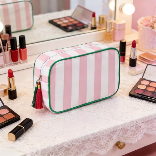 Large Stripe Zipper Makeup Bag - Chic Travel Cosmetic Organizer