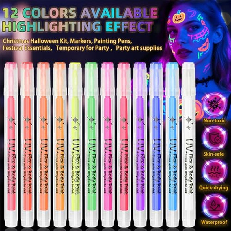 12-Color UV Glow Body Paint Marker Set - Washable Neon Makeup