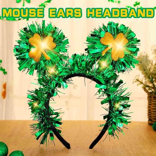 Aksod Light Up St Patricks Day Headbands Green Mouse Ears Headband Glitter Shamrock St Patricks Irish Hair Accessories for Women (Style B)