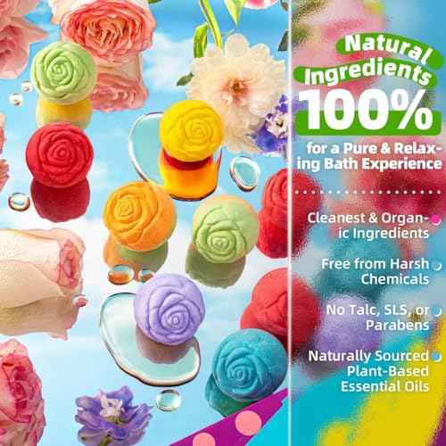 30 Rose-Shaped Bath Bombs ? Handmade with Natural Ingredients, 6 Calming Scents, Relaxing Spa Gifts for Women, Men, Teens & Kids ? Self Care Gifts for Summer & Birthdays