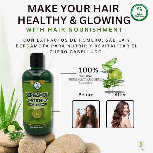 HIGH SUPREME Shampoo organic bergamot (16.9 fl oz) with aloe vera & rosemary SHAMPOO ORGANICO BERGAMOTA con Sabila & Romero Cont. net. 500 ml