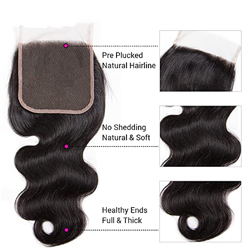 5X5 Closure Human Hair 8 Inch Only Body Wave Closure 5 By 5 Lace Front Fee Part With Baby Hair Preplucked Bleached Knots Wet And Wavy Real Human Hair Grade 8A Natural Black