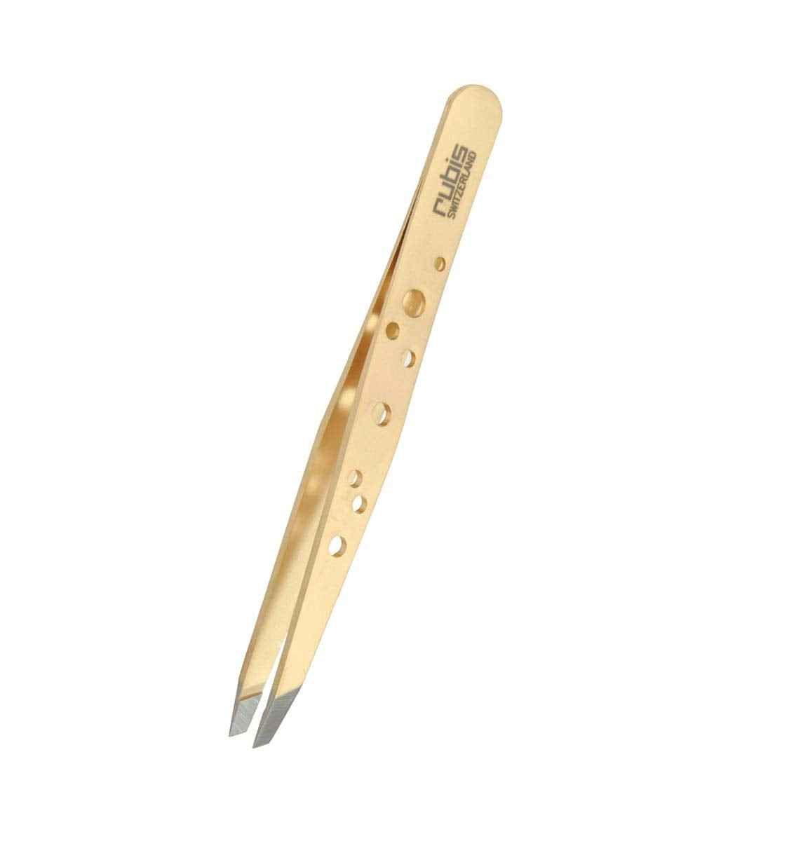 Rubis Hole Pattern Classic Stainless Steel Slanted Tweezers For Precise Eyebrows and Hair Removal, 1K111GOLD, Gold, The Elegance Collection,Rubis Switzerland Swiss Made World Renowned Precision