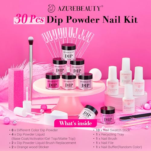 AZUREBEAUTY Dip Powder Nail Starter Kit - 8 Pink Colors with Matte & Top Coat