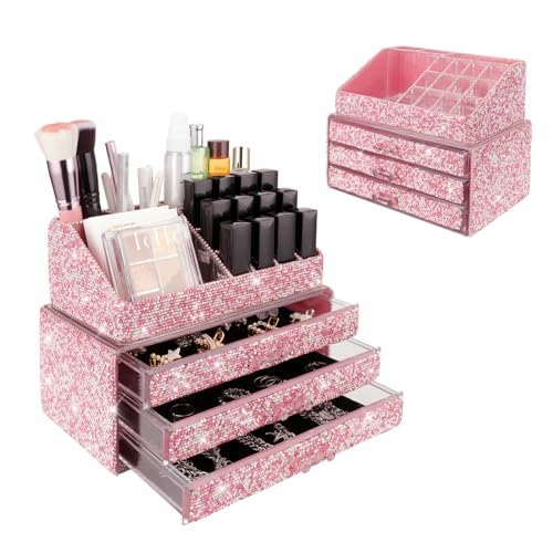 KEYPOWER Makeup Organizers Drawer Bling Diamond,Fashion Countertop Jewelry Cosmetic Storage Display Boxes,Makeup Brush Holder, Cosmetic Holder,2 Pieces Set(Purely Handmade)(Pink)