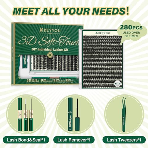 KEYYOU Lash Clusters Kit 3D Effect Eyelash Clusters Kit 280pcs 100D D Curl 9-18MIX Individual Lashes Wispy Lashes Volume Cluster Lashes Kit Natural Soft DIY Lash Extension(3D Kit-100D-D-9-18MIX)