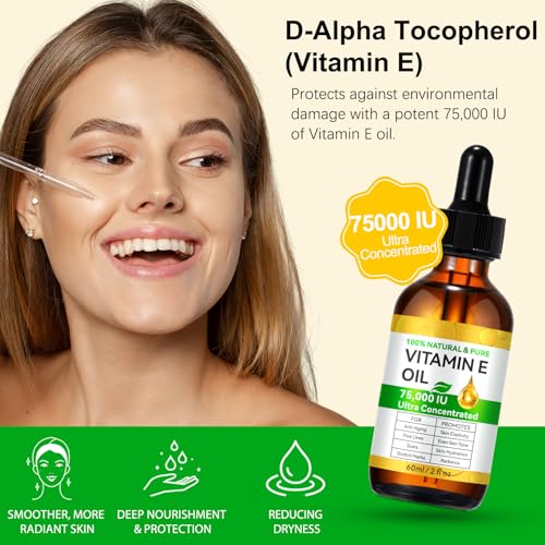 Vitamin E Oil 75,000 IU, Vitamin E Oil for Skin, Scars, Face & Full Body, Moisturize Dry Skin and Radiant Skin, Body Bath Oils, Organic Pure Easy to Absorb