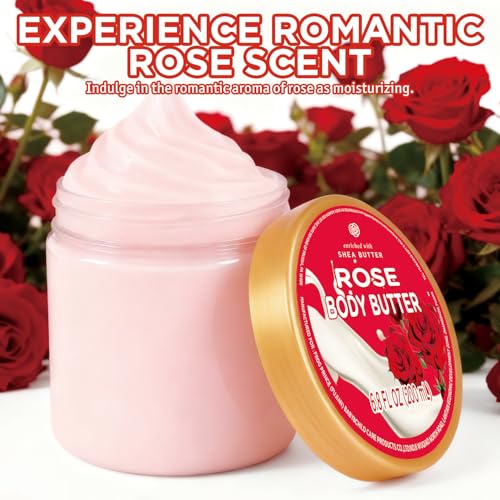 Rose Body Butter, Shea Body Butter for Women Dry Skin, Natural Rose Lotion for Body Care Smell Good-6.8 floz(200ml)