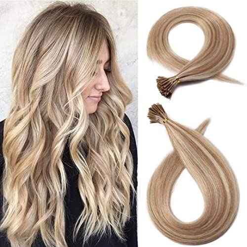 I Tip Remy Human Hair Extensions Cold Fusion Hair Piece Pre Bonded Keratin Stick In Hair Extensions Long Straight #18/613 Golden Brown Highlighted Bleach Blonde Hairpieces 100 Strands 100g 22"