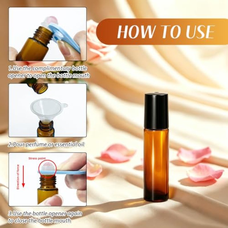60 Pack Rose Quartz Essential Oil Roller Bottles - 10ml Amber Glass