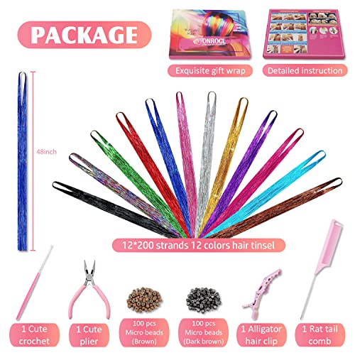 Hair Tinsel Kit 12 Colors 2400 Strands with Tools