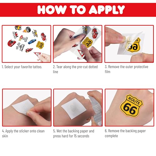 96 PCS Race Car Pre-Cut Temporary Tattoos Sticker Racing Pit Crew Checkered Flag Birthday Party Decorations Favors Supplies Gifts Boys Girls Cute Fake Tattoo School Prizes Carnival Theme (Normal)