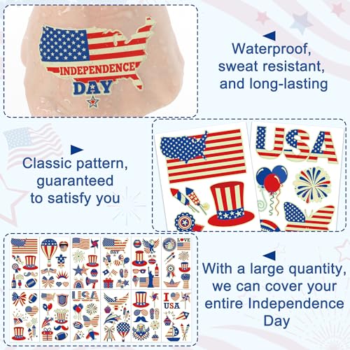 106 Glow in the Dark 4th of July Tattoos, Patriotic Temporary Tattoo Stickers