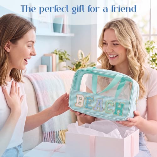 Sanwuta 3-Piece Seersucker Beach Bag Set with Clear Makeup Pouch