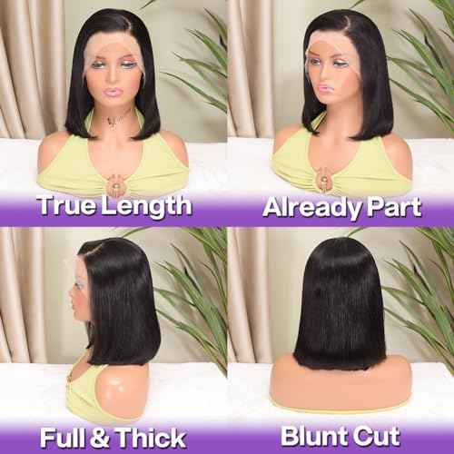 Bob Wig Human Hair 13x4 HD Lace Frontal Short Straight Lace Front Bob Wigs for Black Women Human Hair Pre Plucked Glueless Side Part 180% Density Black Color 12 Inch