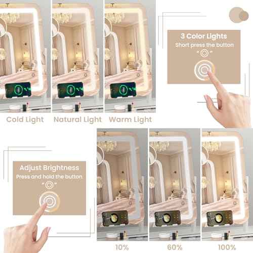 Dripex 15"x12" LED Lighted Makeup Mirror with 12V 2A Wireless Charging Bluetooth Speaker Makeup Vanity Mirror with Lights 3 Colors Dimmable Touch Keys Phone Holder 10X Magnification for Vanity Desk