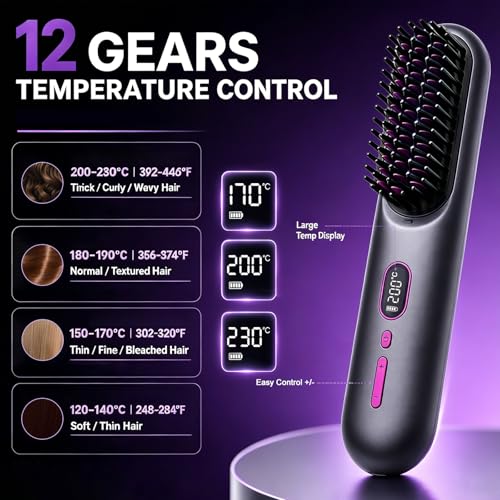 Go Brush Pro Cordless Hair Straightener Brush - 9600mAh, 12 Heat Settings