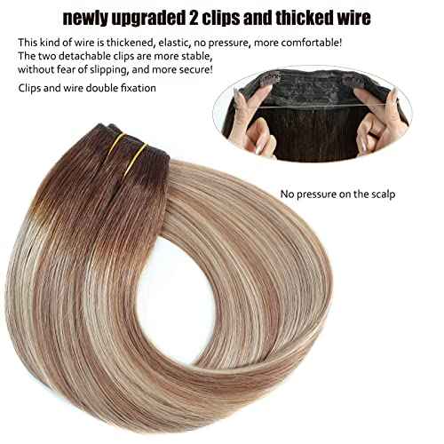 Ugrace Hair Wire Hair Extensions Real Human Hair Balayage Light Brown to Ash Brown and Bleach Blonde 18 inch 90g Transparent Invisible Fish Line Straight Clip in Human Hair Extensions for Women