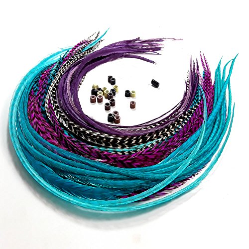 Feather Hair Extensions, 20 Real Rooster Feathers, 8-11 inches, with Beads & Tool