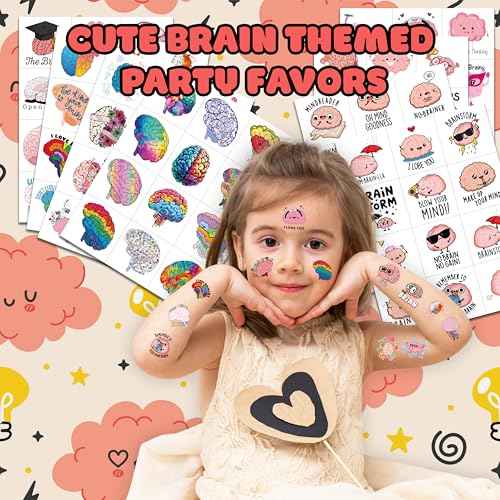 96PCS Cute Brain Temporary Tattoos Themed Birthday Party Favors Decorations Supplies Funny Human Anatomy Body Part Tattoo Stickers Gifts for Boys Girls Kids School Classroom Prizes Carnival Christmas