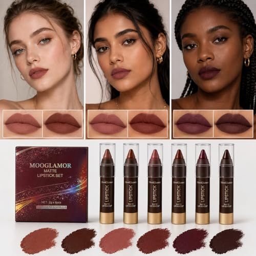 6-Piece Matte Lip Liner & Lipstick Set - Red Tones