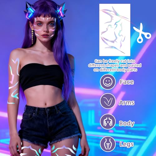 9Pcs Colorful Laser Temporary Tattoos and Gold Earrings Set, Hunter Themed Accessories for Cosplay Dance Party, Music Festivals, Halloween