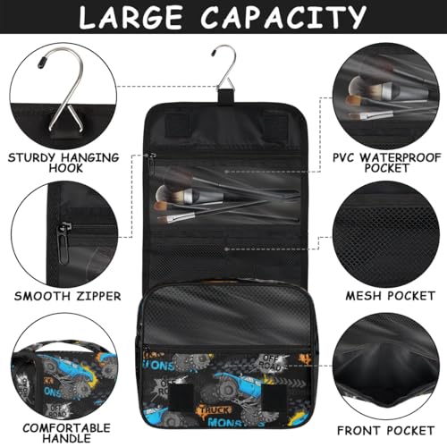 Hanging Travel Toiletry Bag for Kids, Women Cosmetic Organizer Makeup Bag Pouch Men Shaving Dopp Kit Shower Bag With Sturdy Hook(Off-Road Truck)