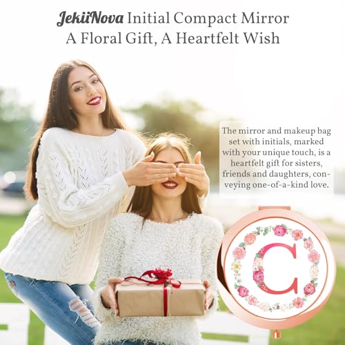 Jekiinova Rose Gold Floral Initial Compact Mirror Personalized Gift for Sister Women