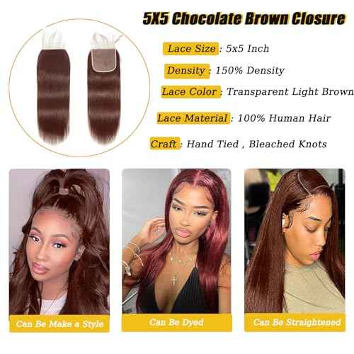 Brown Closure Human Hair Transparent HD Lace 5x5 Closure straight Chocolate Brown 4# Brazilian Human Hair Pre Plucked With Baby Hair Wet And Wavy Lace frontal For Women 20 Inch