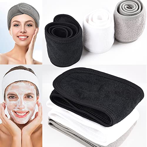 alileona Spa Facial Headband Adjustable Makeup Hair Band with Magic tape Shower Terry Cloth Headbands（Black,White,Gray