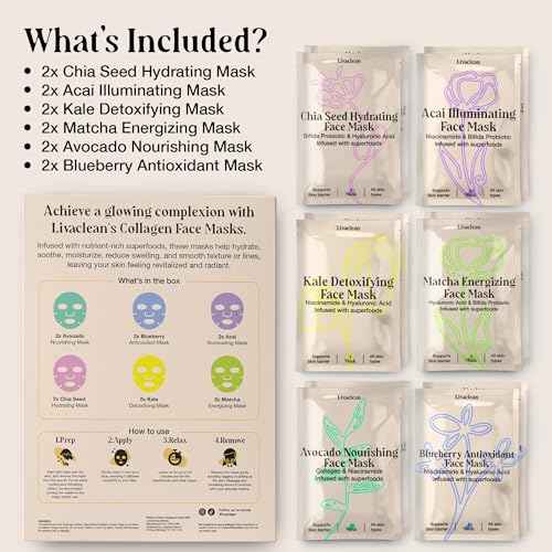 LivaClean 12 CT Face Masks Skincare - Collagen Sheet Mask - Hydrating Face Masks Bulk with Glycerin, Hyaluronic Acid, Aloe Vera - Soothing, Refreshing, Moisturizing Formula for All Skin Types
