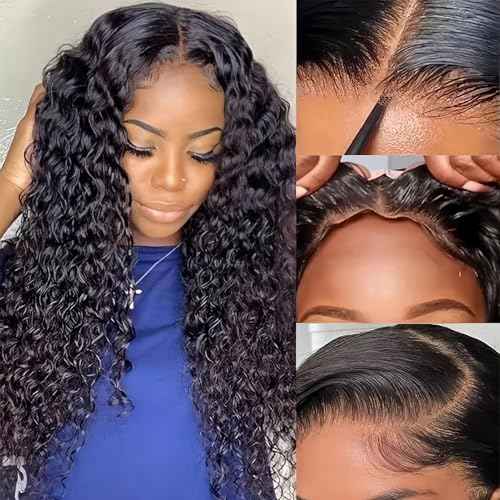 Water Wave Wear and Go Glueless Wigs Human Hair Pre Plucked Pre Cut 5 x 5 HD Lace Closure Wigs 200 Density Water Wave Lace Front Human Hair Wigs for Black Women Natural Black 18 Inch