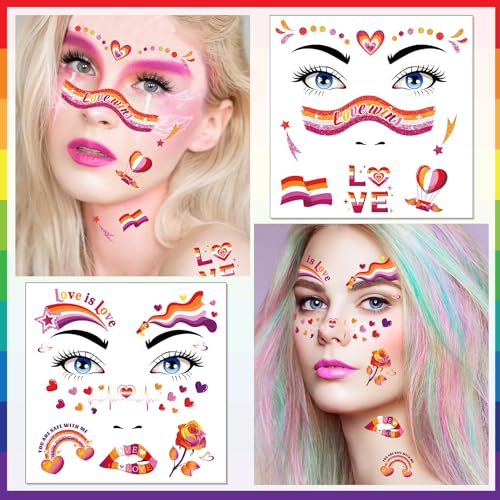 HOWAF 12pcs Lesbian Pride Glitter Face Tattoos