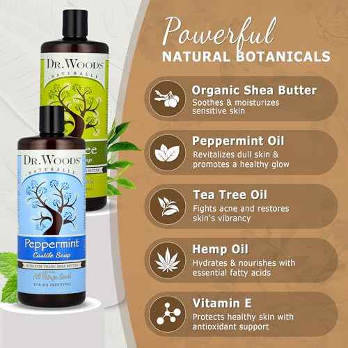 Dr. Woods Liquid Castile Soap - Pure Tea Tree Oil and Peppermint Soap, Body Wash for Men and Women, Contains Organic Shea Butter, Natural Cleaner for Face, Hands, and Body - 32 Fl Oz, Pack of 2