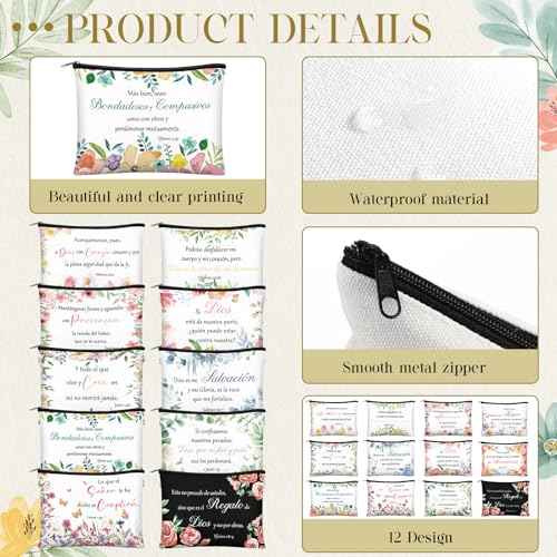 Kacctyen 12 Pcs Christian Mother's Day Gifts Makeup Bag Spanish Verses Inspirational Gift for Women Bible Verse Cosmetic Bag in Spanish Zipper Pouch for Mom Church Religious Prayer(Flower Style)