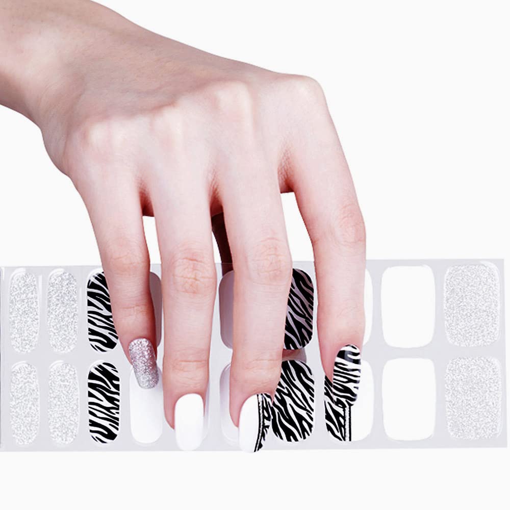 ACROIN Semi Cured Gel Nail Strips Nail Wraps 20 Stickers Need Cured, Salon-Quality, Long Lasting, Easy to Apply & Remove, Includes Cleaning Pad, Nail File, Wooden Stick - Zebra