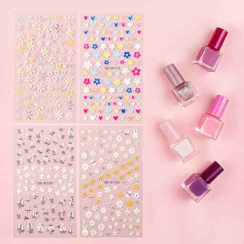 Nail Stickers, 4 Sheets Floral 5D Embossed, Self-Adhesive for DIY Manicure