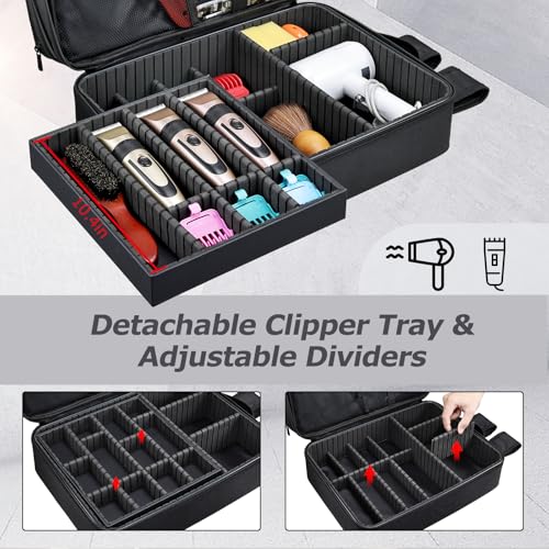 Barber Bag with Detachable Tray, 16.8-in Travel Backpack for Clippers and Supplies, Large Capacity Hairdresser Bag with Adjustable Dividers for Hair Cutting Tools