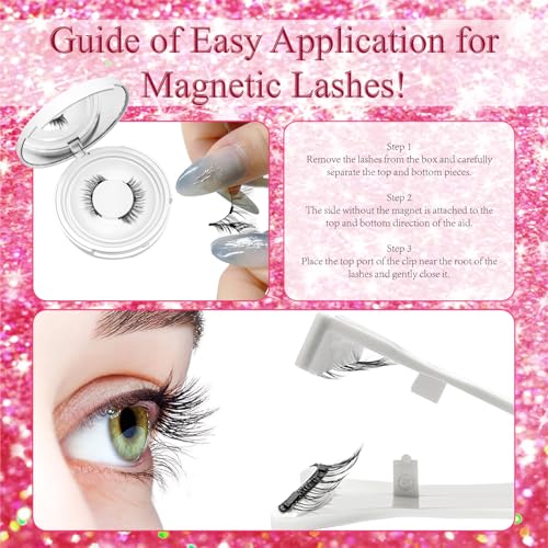 Magnetic Eyelashes 2 Pair Reusable Magnetic Eyelashes with Applicator, No Adhesive Required, Natural-Looking Eyelashes, Eyelash Curler Set, Easy to Wear and Remove