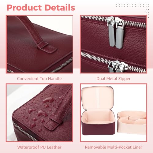 Makeup Vanity Bag for Women - Large Capacity Cosmetic Organizer with Removable Liner, Waterproof PU Leather Skincare Bag, Portable Chic Cosmetic Make Up Case for Skincare, Accessories,StyleC, Burgundy