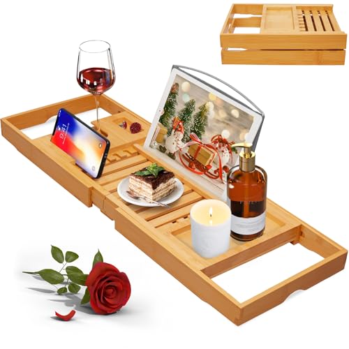 Expandable Bamboo Bathtub Caddy Tray with Wine Glass Holder