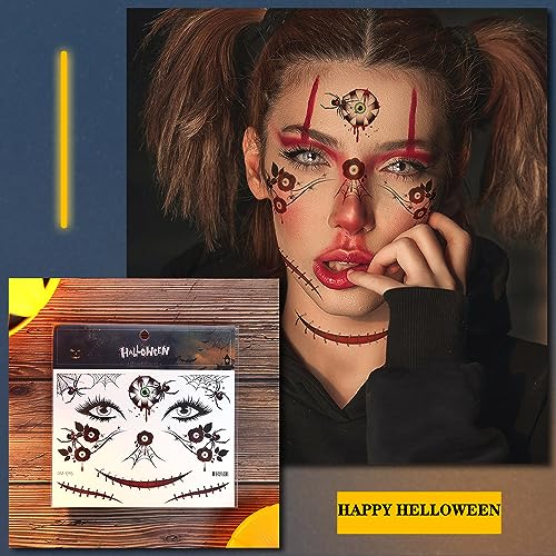 Halloween Temporary Tattoos Day of the Dead Tattoo Stickers Wound Bloody Eye Tattoo Decals 10 Sheets Fake Tattoos for Halloween Party Makeup Decorations