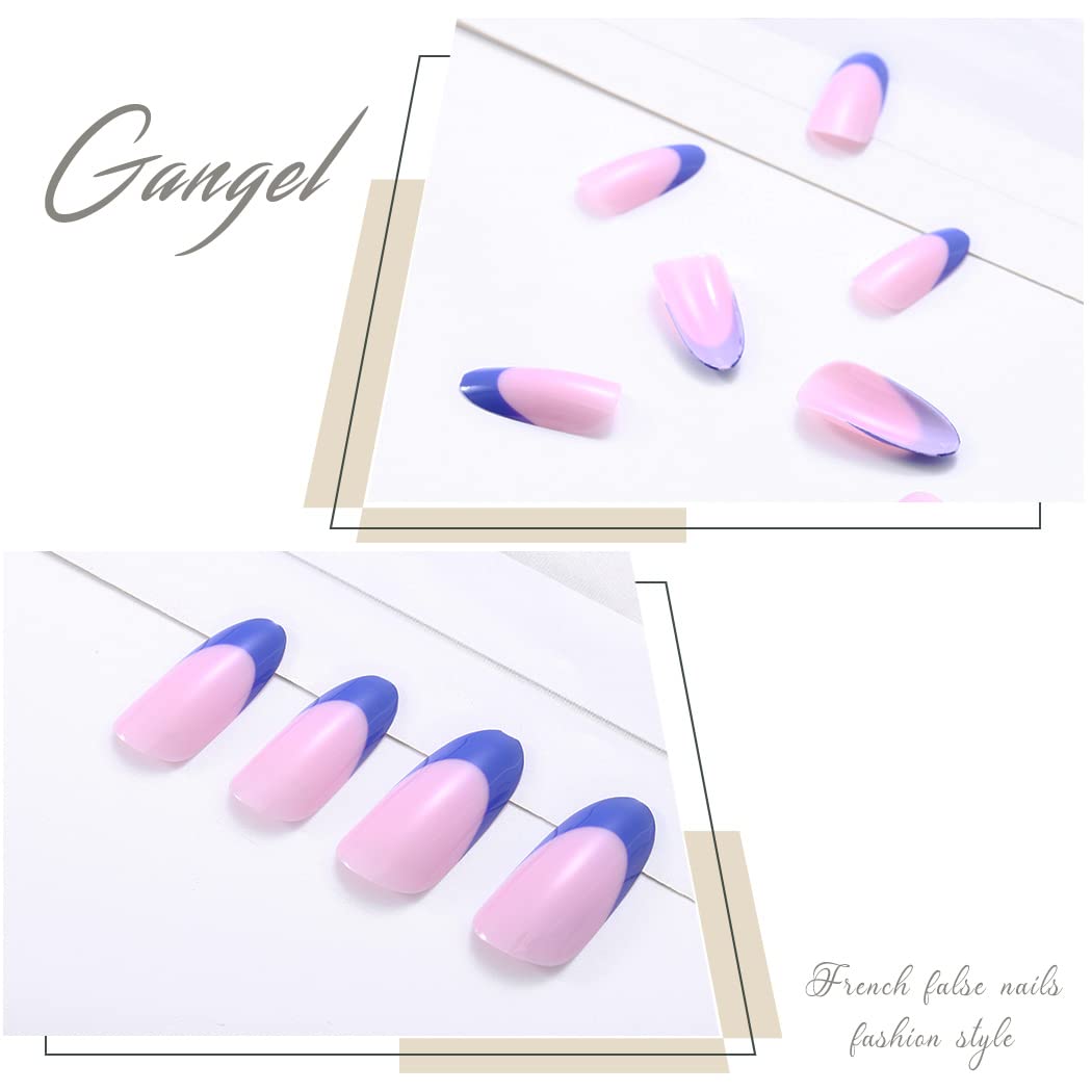 Gangel French Stiletto False Nails Glossy Fake Nail Pink Full Cover Nude Fake Nails Sharp Acrylic Press on Nails for Women and Girls 24Pcs (French-Blue)